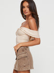 Off-the-shoulder top Inner silicone strip at bust, twist detail, lettuce edge hem Good stretch, fully lined 