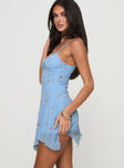 Mini dress Mesh material, embroidered print, adjustable shoulder straps, lace trim at bust Fully lined, good stretch