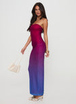 side view of model wearing Princess Polly Stolen Love Strapless Maxi Dress Pink / Purple Ombre Straight Neck 