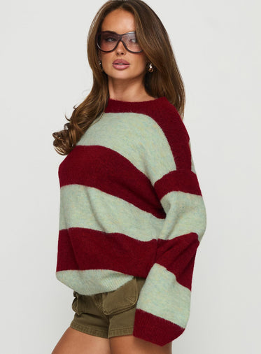 Nesha Fluffy Knit Sweater Red / Blue Stripe
