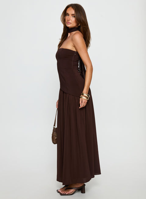 Odela Strapless Drop Waist Maxi Dress Chocolate