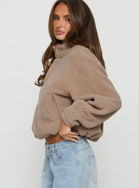 side view of model wearing Princess Polly Icy Days Fleece Quarter Zip Jumper Light Brown Cropped Jumpers 