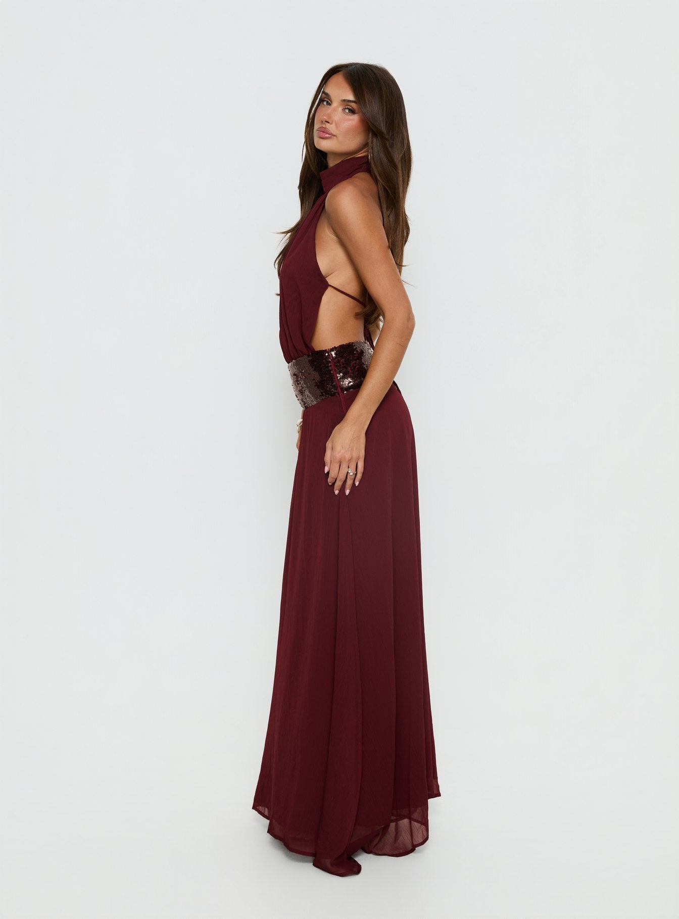 Darwinn Drop Waist Sequin Detail Maxi Dress Burgundy | Princess Polly Darwinn Drop Waist Sequin Detail Maxi Dress Burgundy | Princess Polly