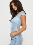 side view of model wearing Princess Polly Stangard Lace Top Blue Short Sleeves Scoop Neck 