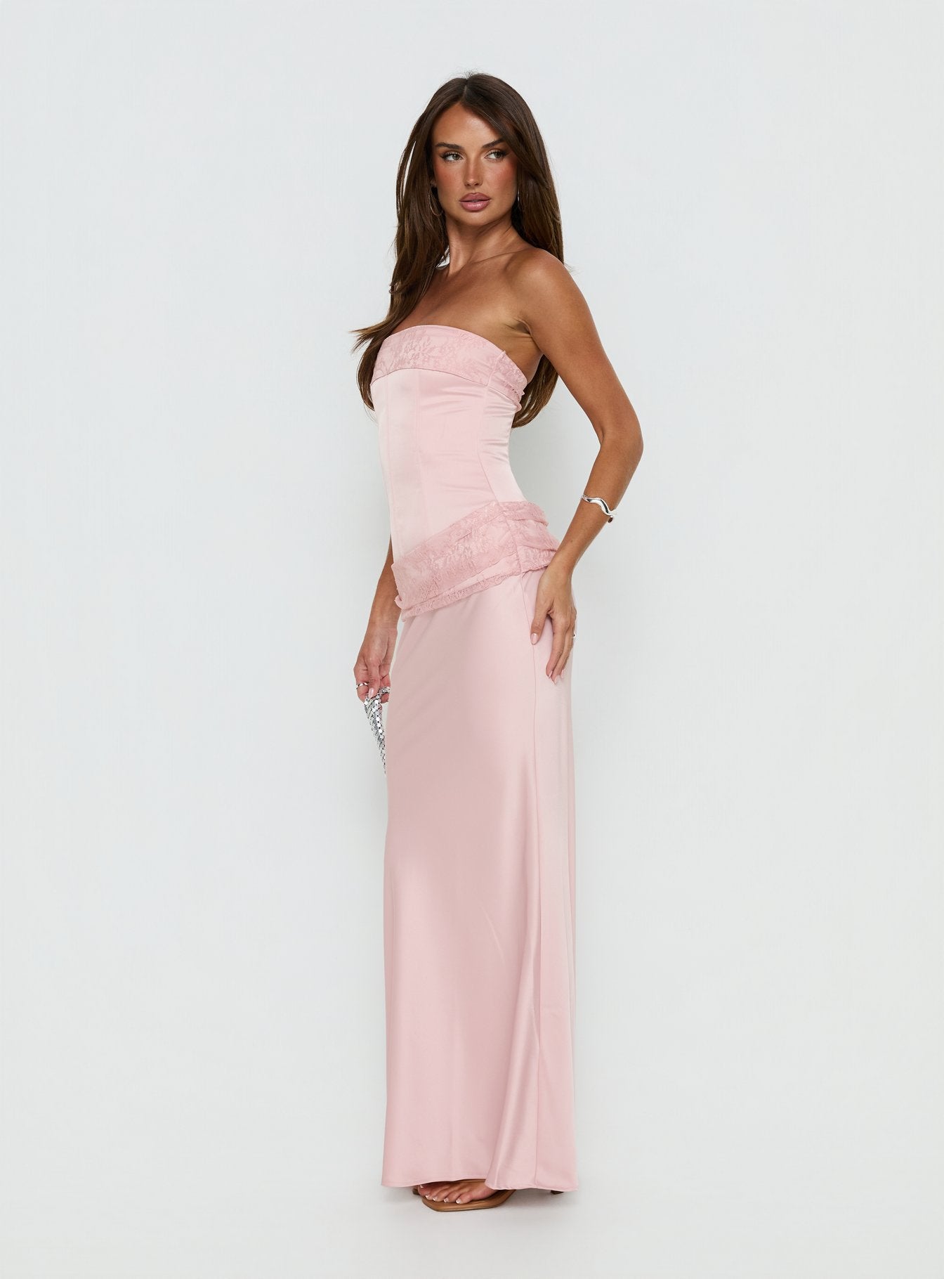 Sura Strapless Lace Detail Maxi Dress Pink