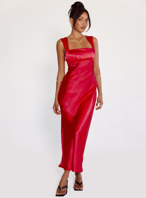 Princess Polly Women's Radioactive Bias Cut Satin Maxi Dress - Red Princess Polly Women's Radioactive Bias Cut Satin Maxi Dress - Red