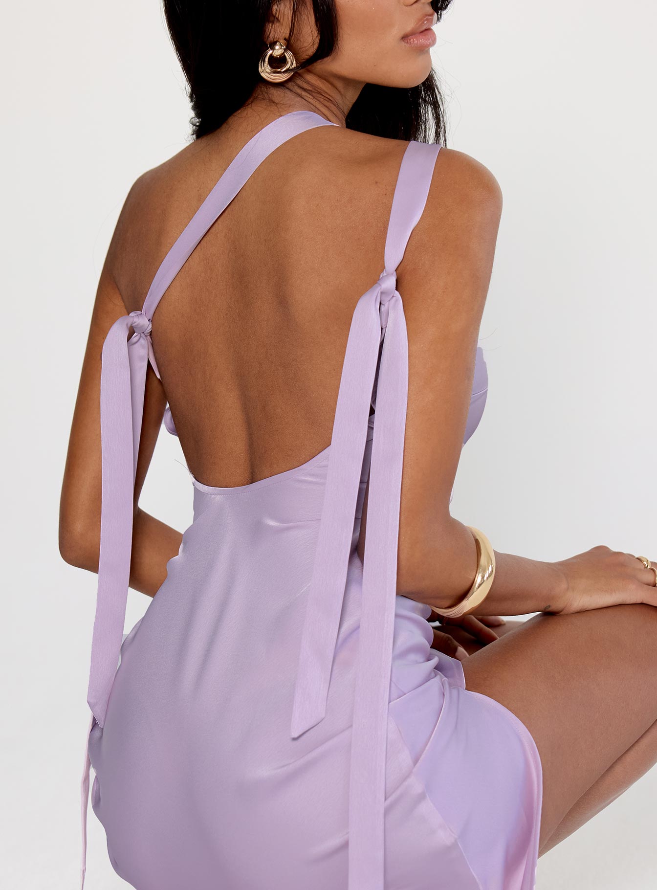 back view of model wearing Princess Polly Someone Like You Tie Back Maxi Dress Purple Asymmetric Neckline 