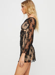 Mini dress Cold shoulder style, mesh floral material, sheer long sleeves, cut out at under bust with tie fastening, lettuce trim edge Good stretch, lined body 