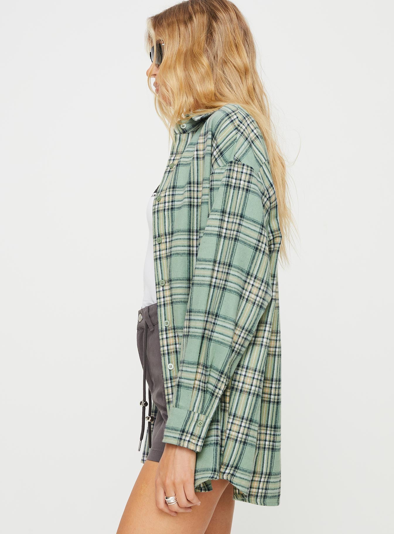 product Princess Polly Three Fourth Sleeves High Neck  Tollen Shirt Dark Green Check