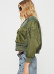 Cropped utility jacket Bomber style, nylon material, button and zip fastening at front, twin chest pockets, ribbed waistband