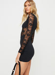 Mini dress Slim fitting, wide neckline, Sheer lace long sleeves, Lace panel detail mid waist,  Good stretch, unlined 