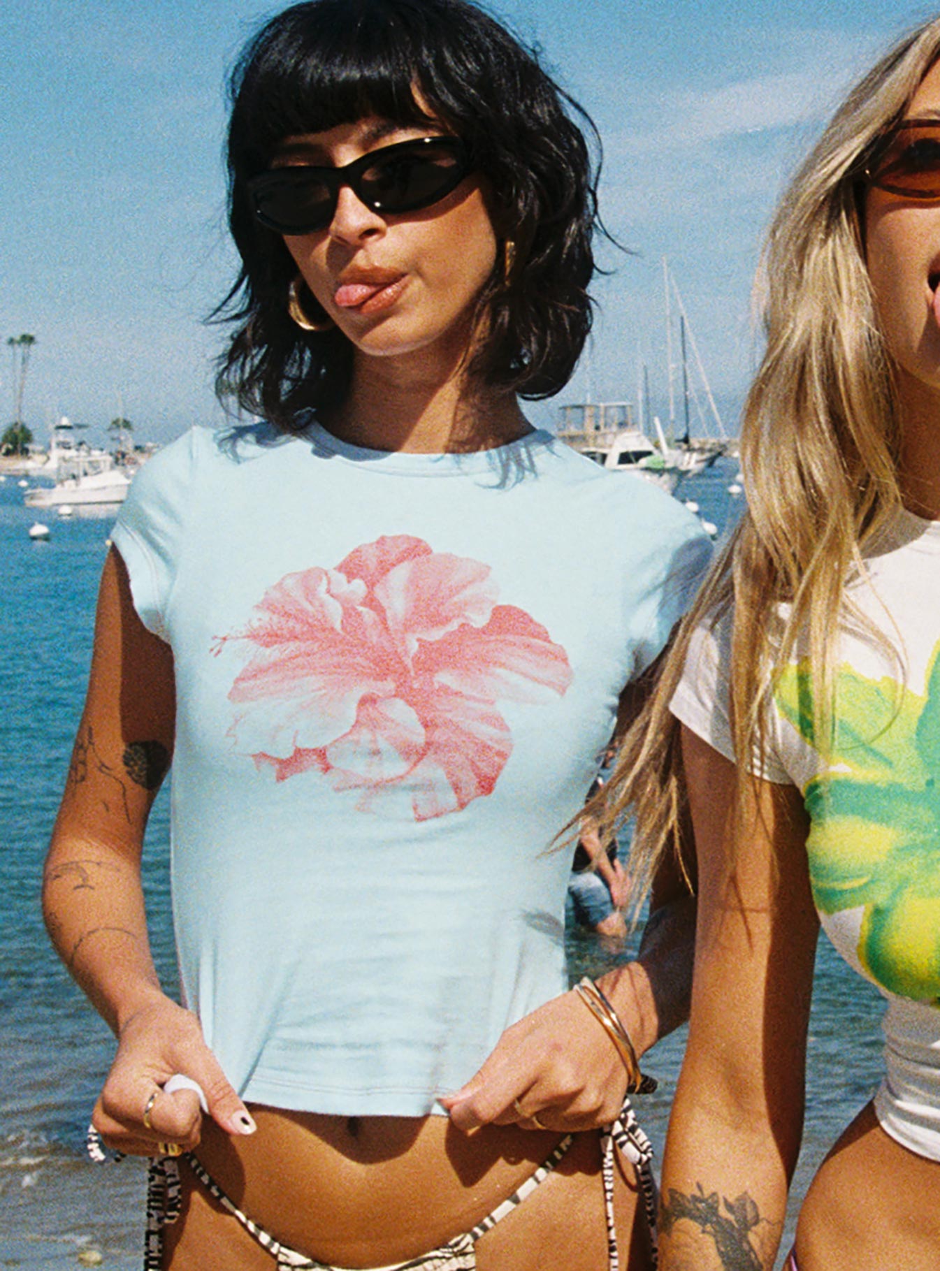 front view of model wearing Princess Polly Owenz Hibiscus Baby Tee Blue Short Sleeves 