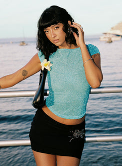 side view of model wearing Princess Polly Crystal Clear Mesh Top Aqua Short Sleeves High Neck 