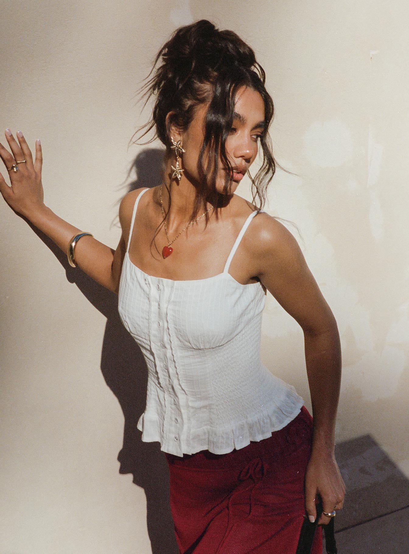 front view of model wearing Princess Polly Sonrisa Top White Sleeveless Square Neck 