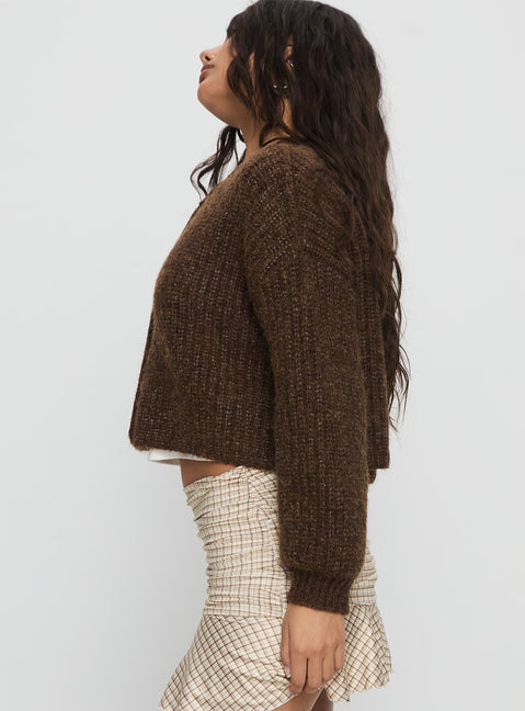 side view of model wearing Princess Polly Hadly Knit Cardigan Brown cropped 