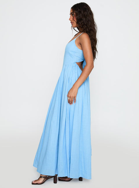 side view of model wearing Princess Polly Palisades Tie Up Maxi Dress Blue Scoop Neck 