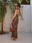 back view of model wearing Princess Polly Eleganza Maxi Skirt Leopard Petite Maxi 