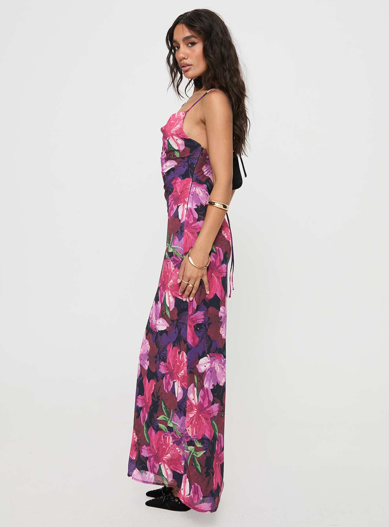 side view of model wearing Princess Polly Salvador Maxi Dress Floral Cowl Neck 