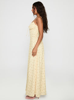side view of model wearing Princess Polly Members Only Maxi Dress Yellow Floral Sweetheart Neckline 
