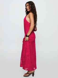 side view of model wearing Princess Polly Magnetic Halter Maxi Dress Hot Pink Crew Neck 