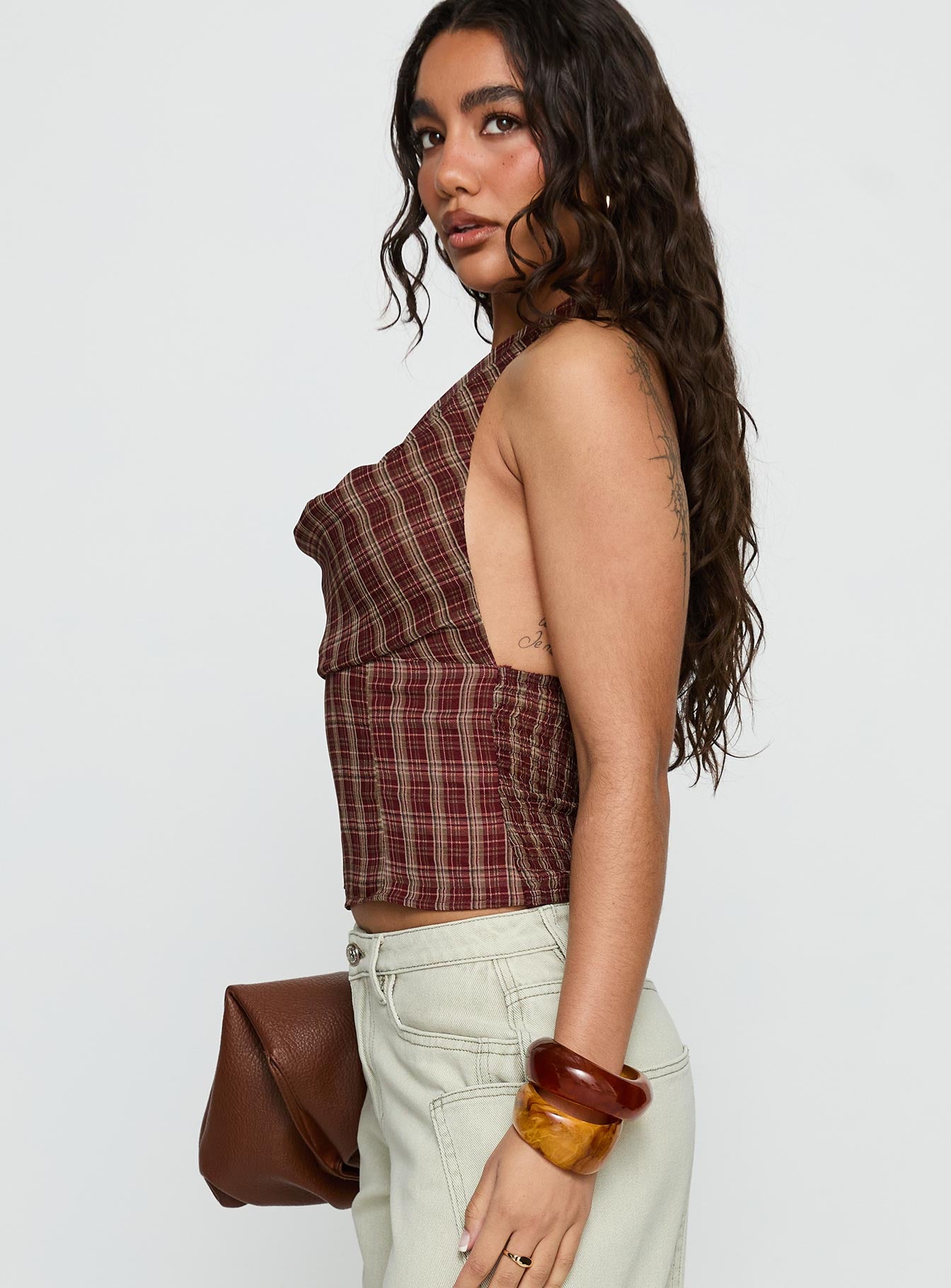 Kendia Plunge Halter Top Red Check