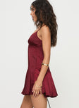 side view of model wearing Princess Polly Valeska Mini Dress Burgundy V-Neck 