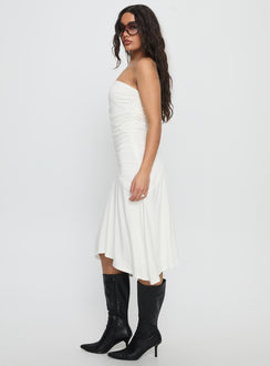 Rienna Strapless Asymmetrical Midi Dress White