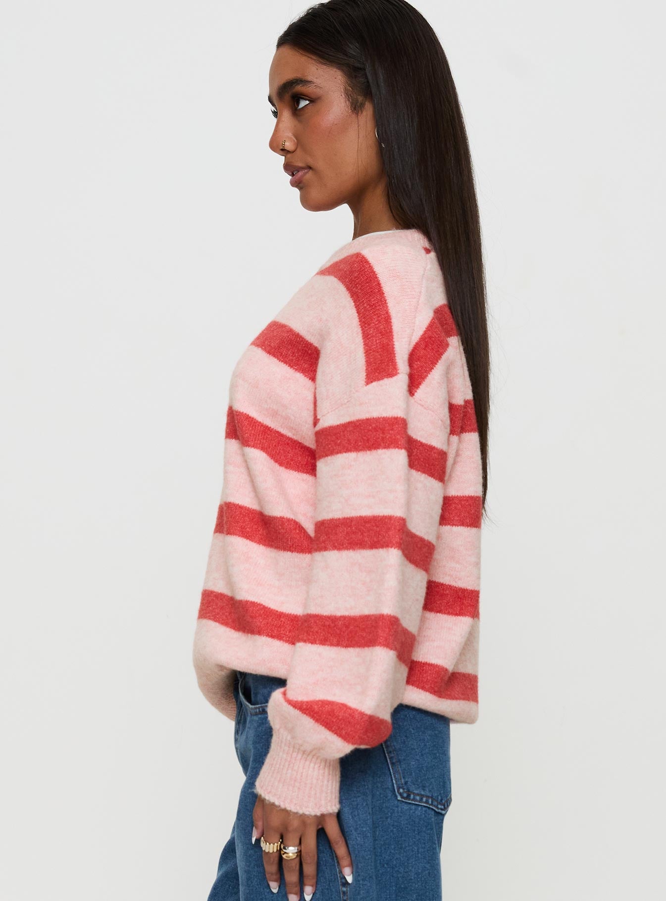 side view of model wearing Princess Polly Ryanna Sweater Pink / Red Stripe 