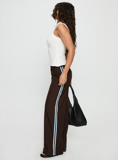 side view of model wearing Princess Polly Wendi Tipping Suit Pant Brown / Blue Mid Rise Pants 