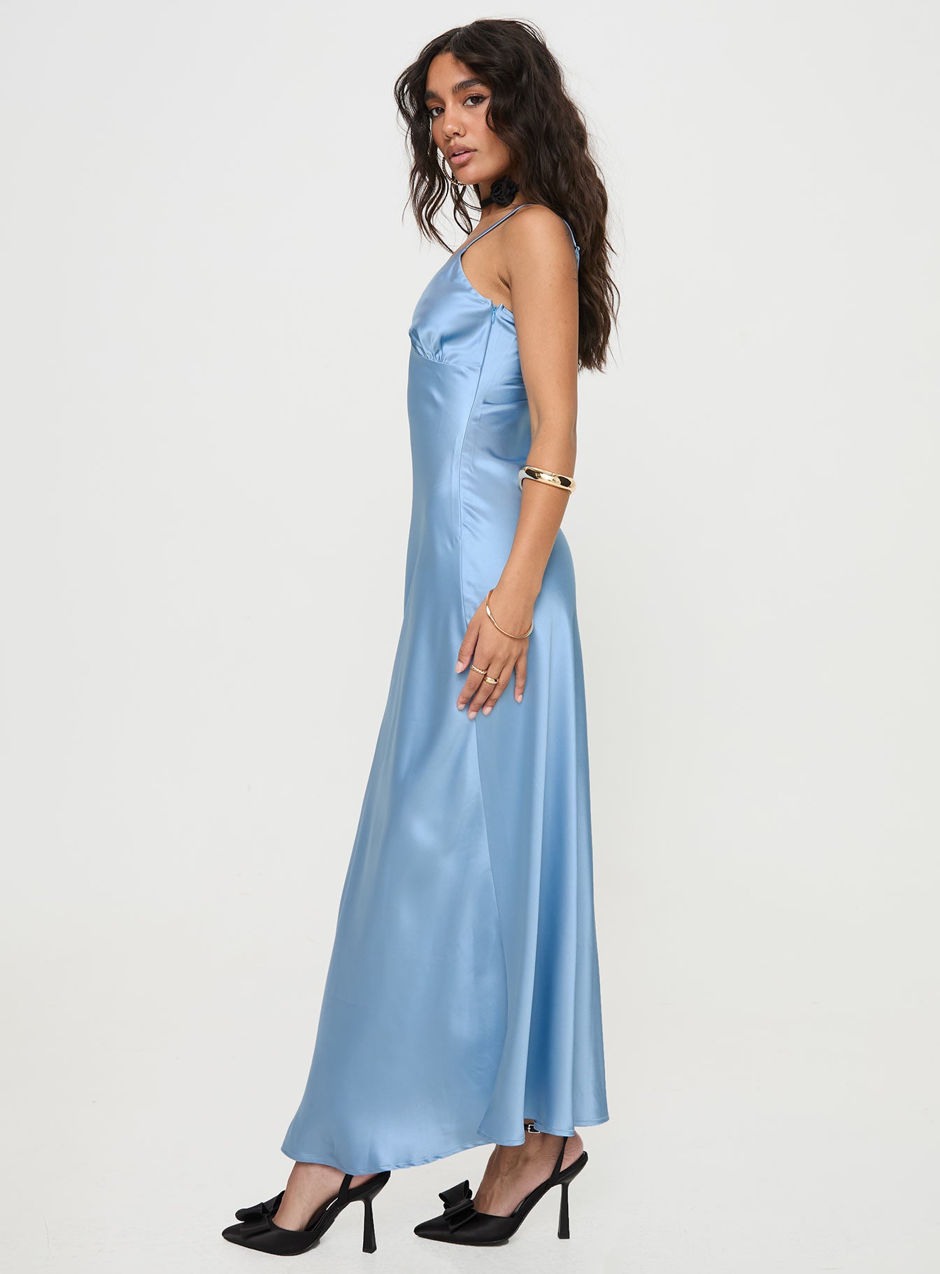 side view of model wearing Princess Polly Adamstone Maxi Dress Blue Plunger 