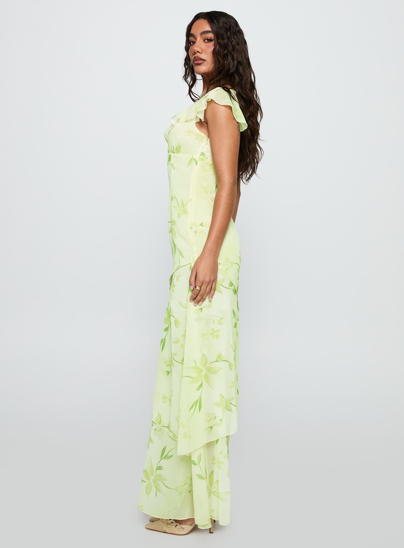 side view of model wearing Princess Polly Been Away Frill Maxi Dress Green Multi Plunger 