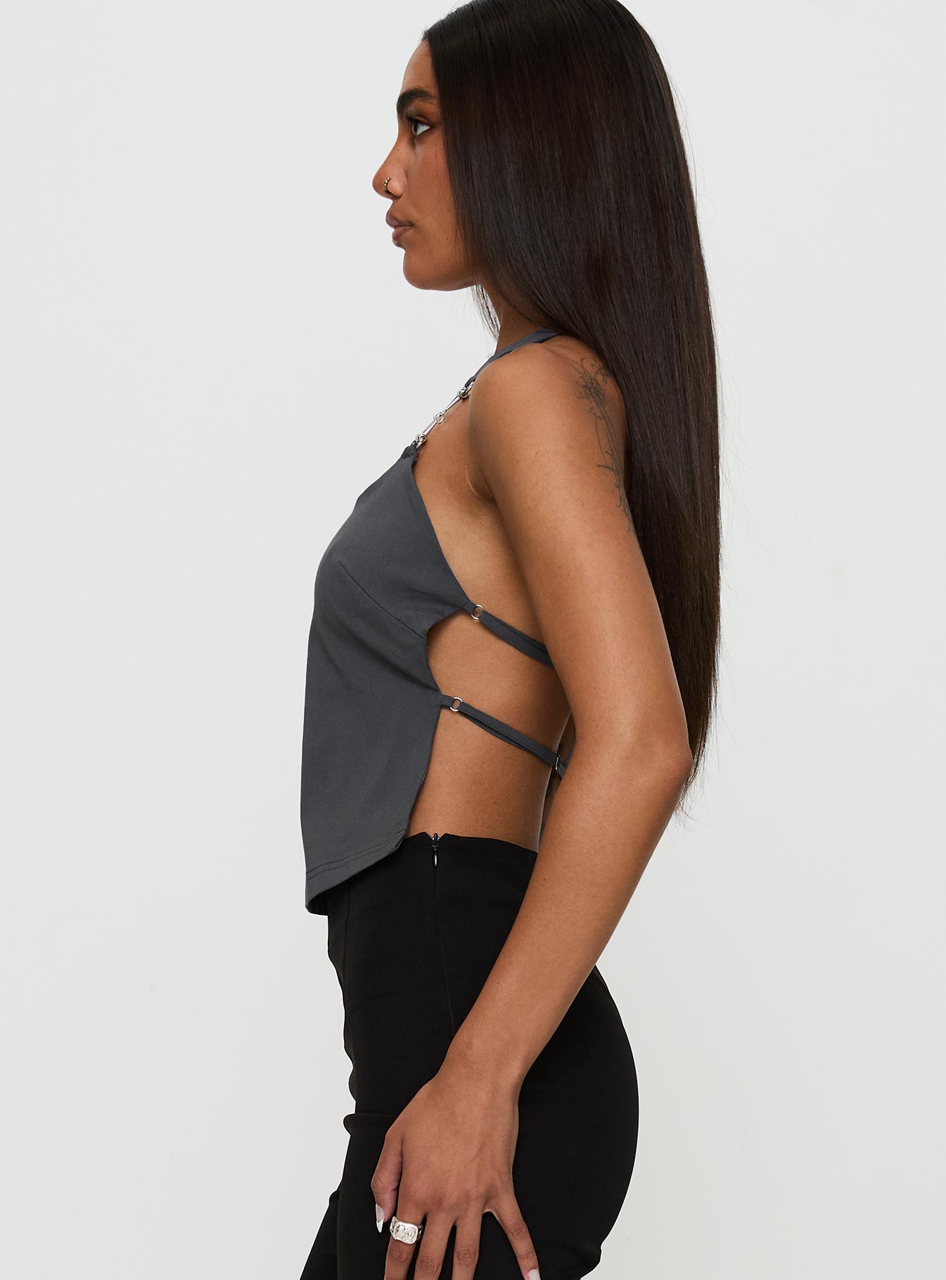 side view of model wearing Princess Polly Eyes On You Backless Top Slate Sleeveless Scoop Neck 