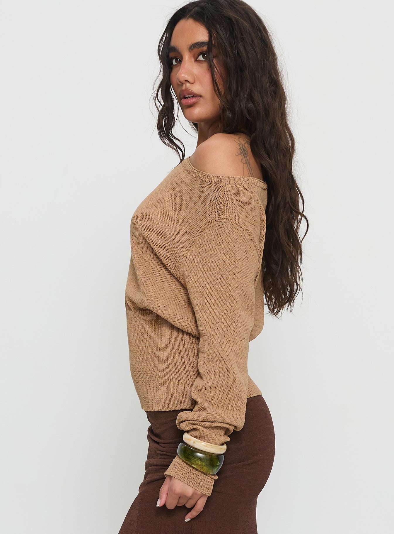 Xaria Off Shoulder Knit Sweater Tan | Princess Polly