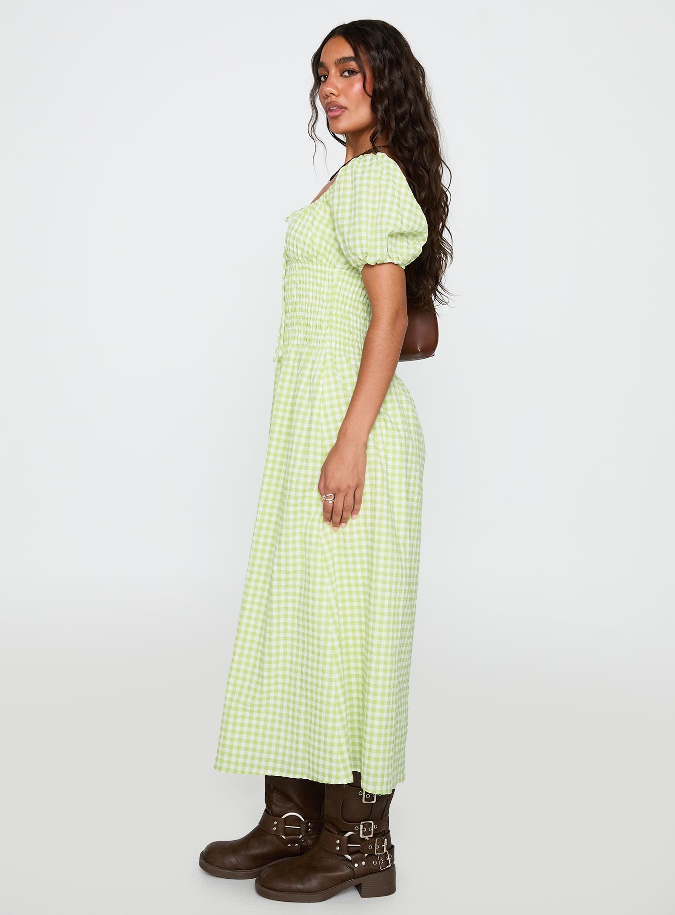 side view of model wearing Princess Polly More Than Butterflies Maxi Dress Green Check Square Neck 