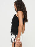 side view of model wearing Princess Polly Timmie One Shoulder Top Black Sleeveless Asymmetric Neckline 