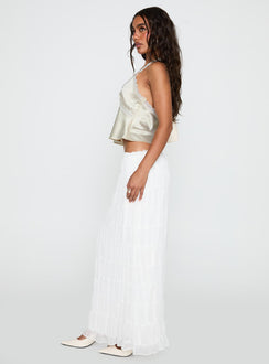   side view of model wearing Princess Polly Estefania Maxi Skirt White Maxi 