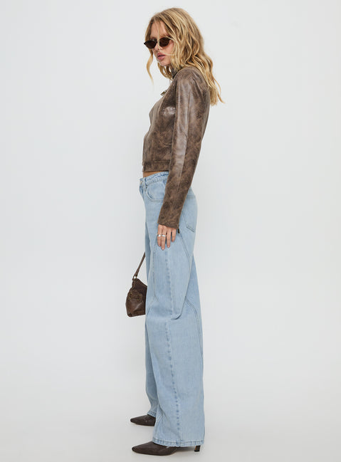 side view of model wearing Princess Polly Lost Track Mid Rise Barrel Leg Jeans Ice Wash Mid Rise Jeans 