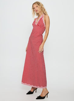 Betsie Halter Lace Maxi Dress Red Gingham