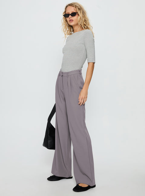 side view of model wearing Princess Polly Ambient Wide Leg Pant Grey High Waisted Pants 