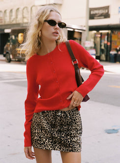 front view of model wearing Princess Polly Old Burlington Knit Cardigan Red Long 