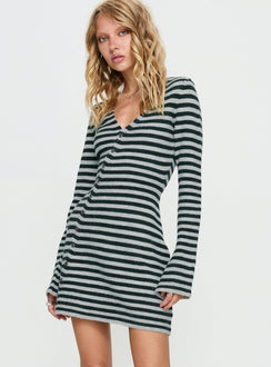 Morgen Asymmetrical Long Sleeve Mini Dress Grey / Green Stripe