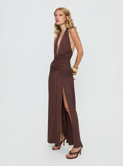 Diona Halter Ruched Maxi Dress Brown