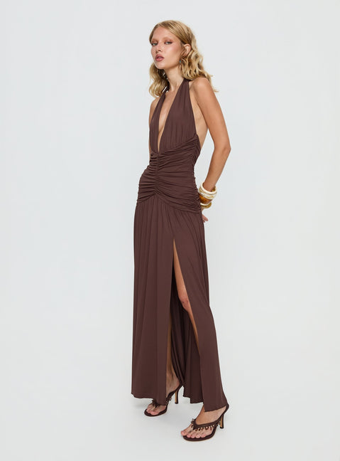 Diona Halter Ruched Maxi Dress Brown