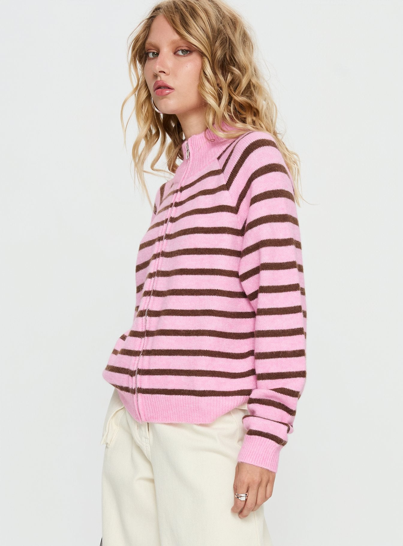 Kaylei Zip Through Cardigan Pink Stripe | Princess Polly