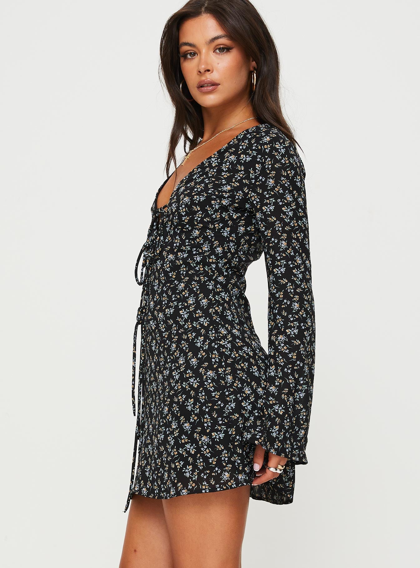 product Princess Polly Asymmetric Neckline  Malop Long Sleeve Mini Dress Black Floral