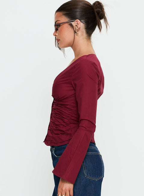 Zanetta Ruched Long Sleeve Top Burgundy
