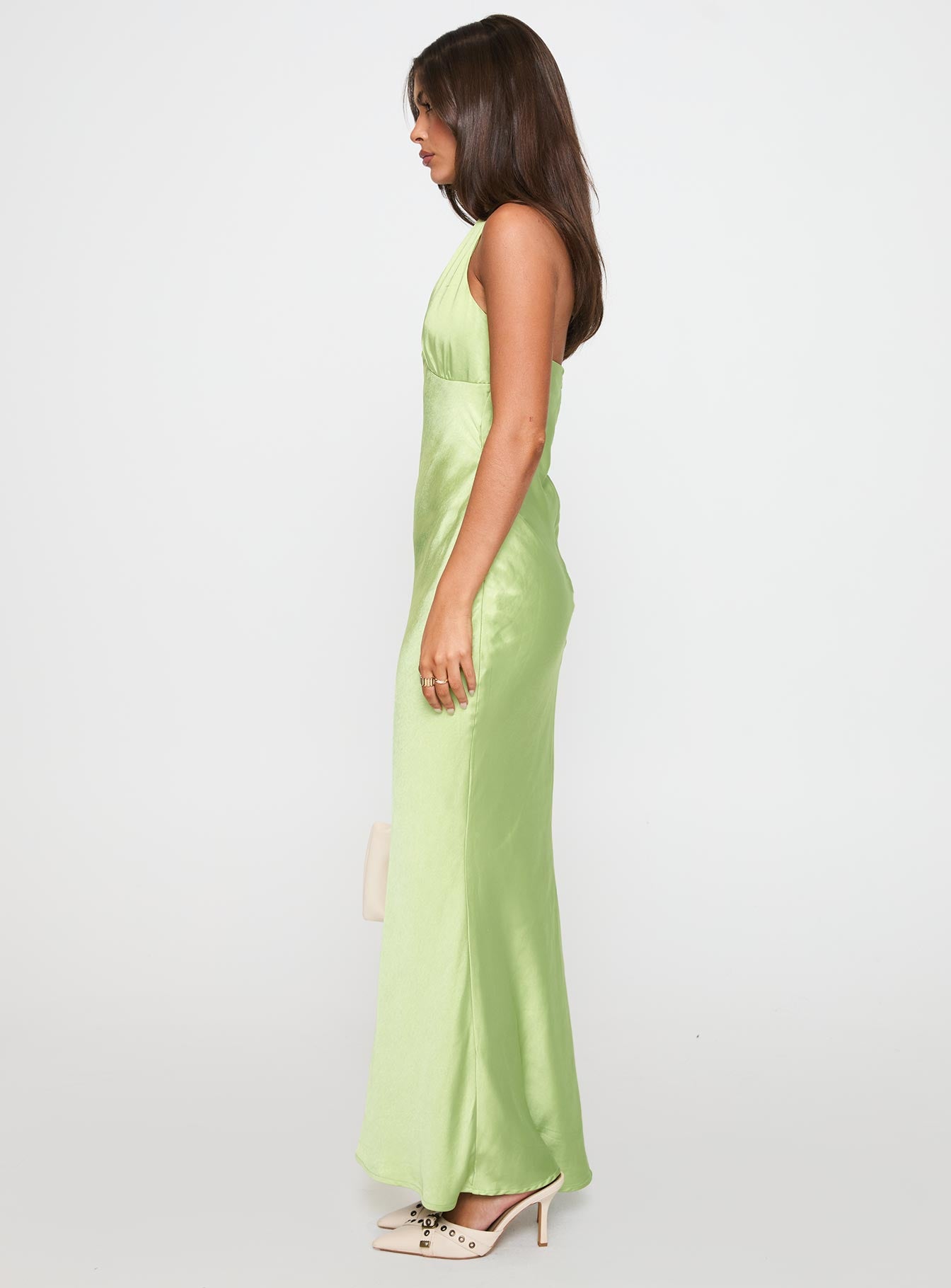 side view of model wearing Princess Polly Gloriana Halter Maxi Dress Green Plunger 