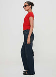 side view of model wearing Princess Polly Cybele Straight Leg Jean Dark Denim Low Rise Jeans 