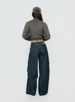 Designed with the Nikoletta Mid Rise Wide Leg Cargo Jeans Dark Blue Wash in womens-jeans with mid-rise back view of model wearing