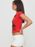 side view of model wearing Princess Polly Texas Baby Tee Red Short Sleeves Crew Neck 